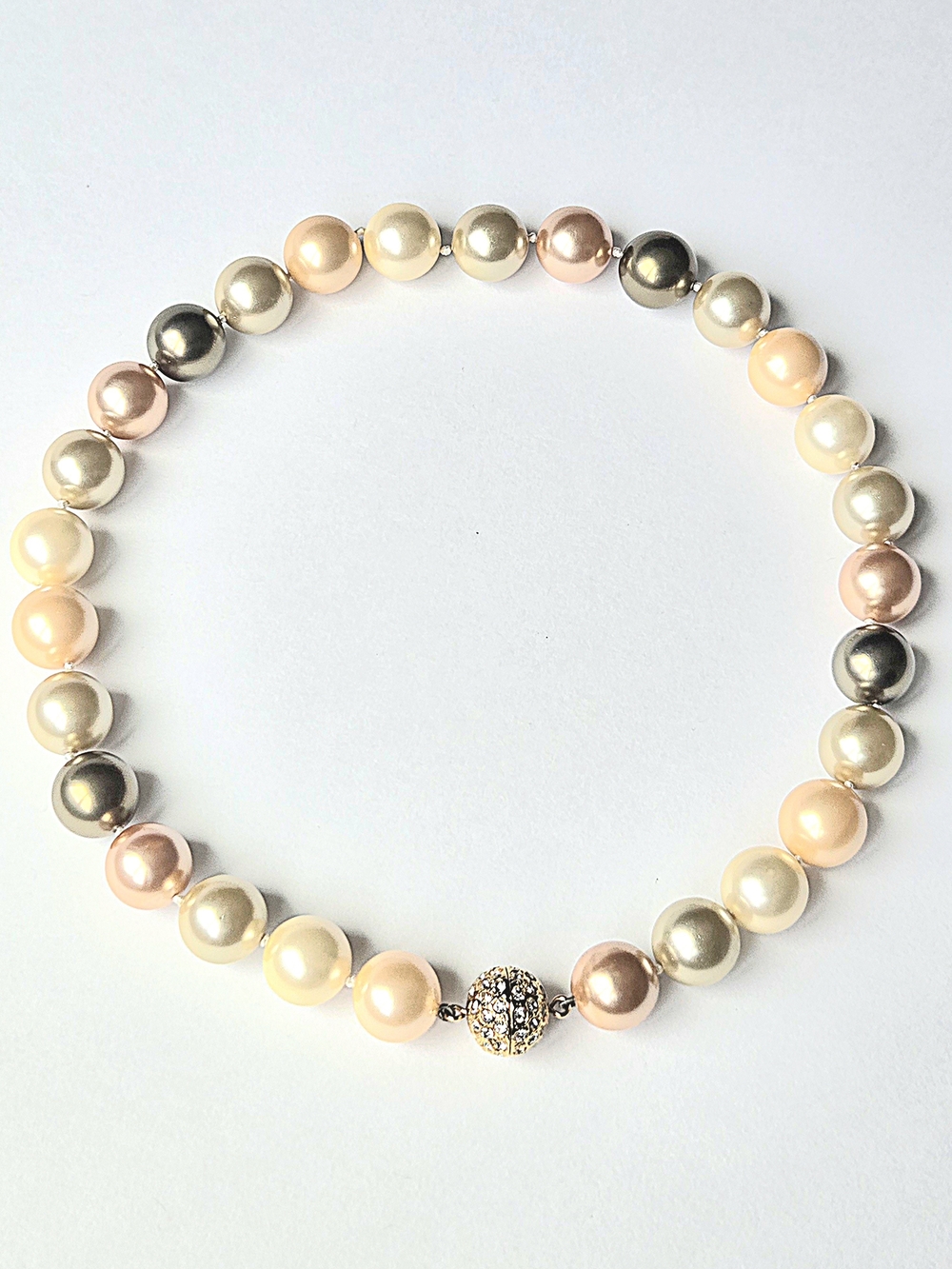 VTG Hand Knotted Pastel Multicolor Glass Pearl Necklace Rhinestone Pavé Clasp